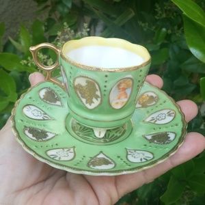 Vintage Demitasse Cup & Saucer Set Footed Portrait Gold Gilt Occupied Japan
